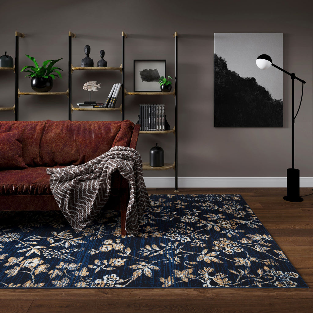 Navy Blue Gold Floral Living Room Rug