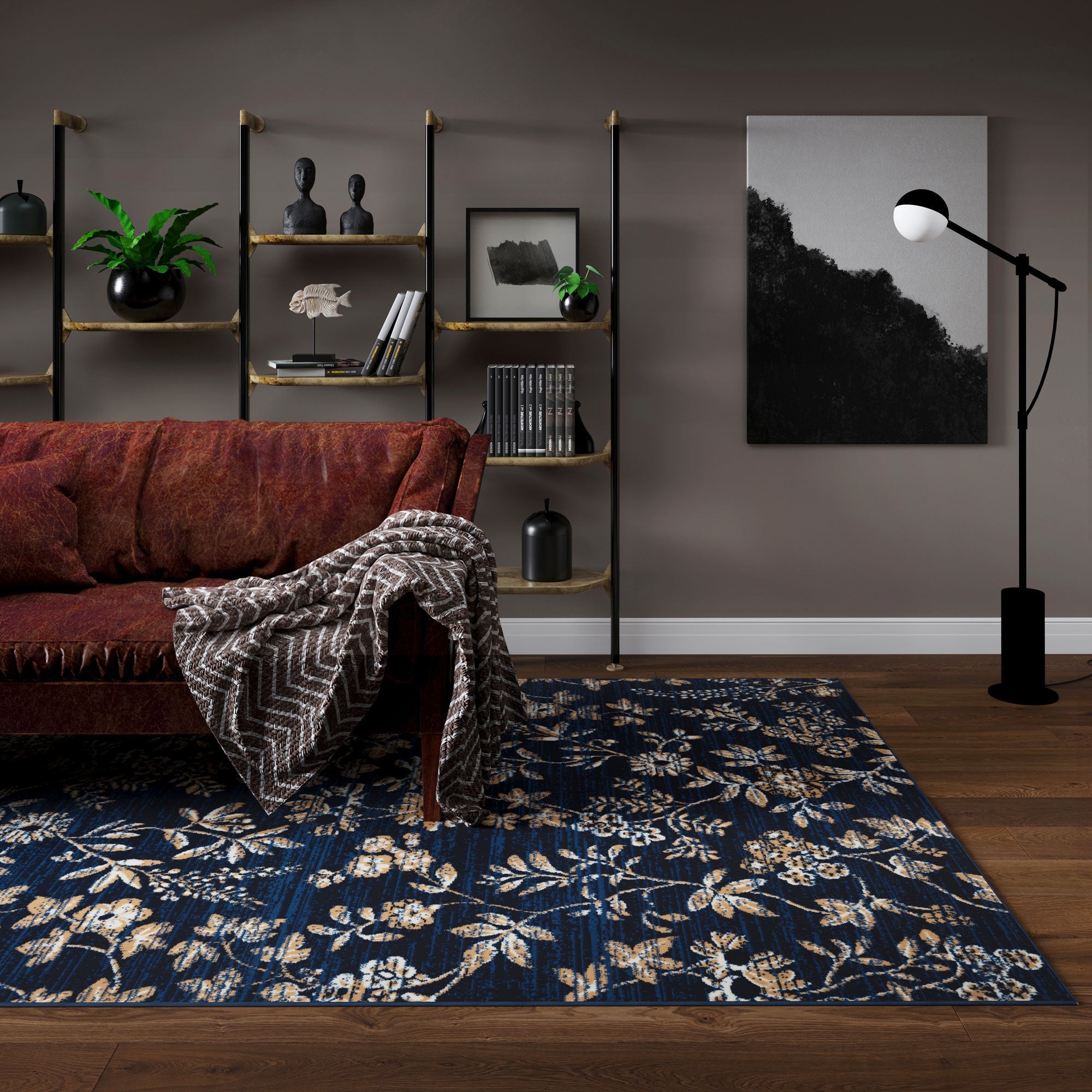 Navy Blue Gold Floral Living Room Rug