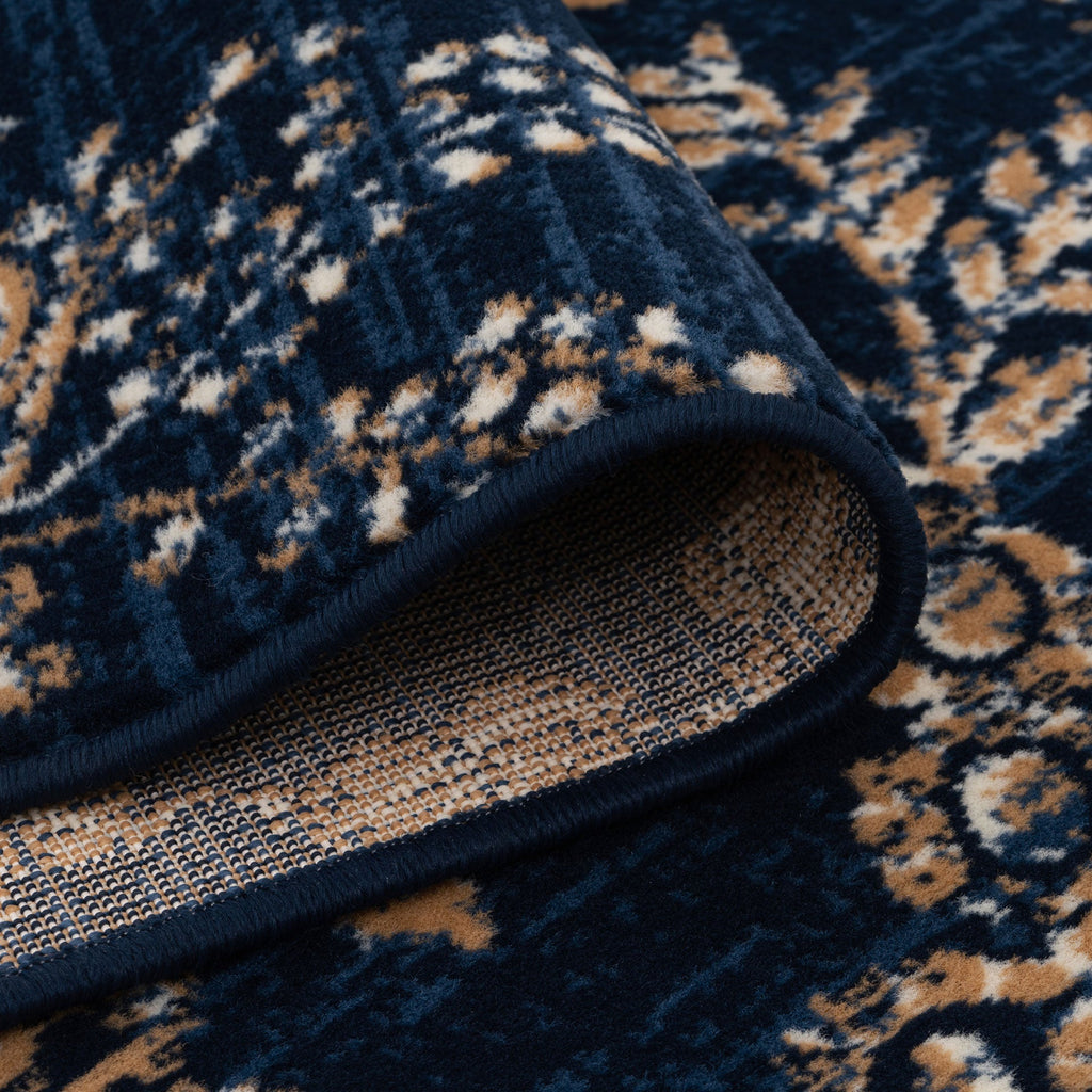 Navy Blue Gold Floral Living Room Rug