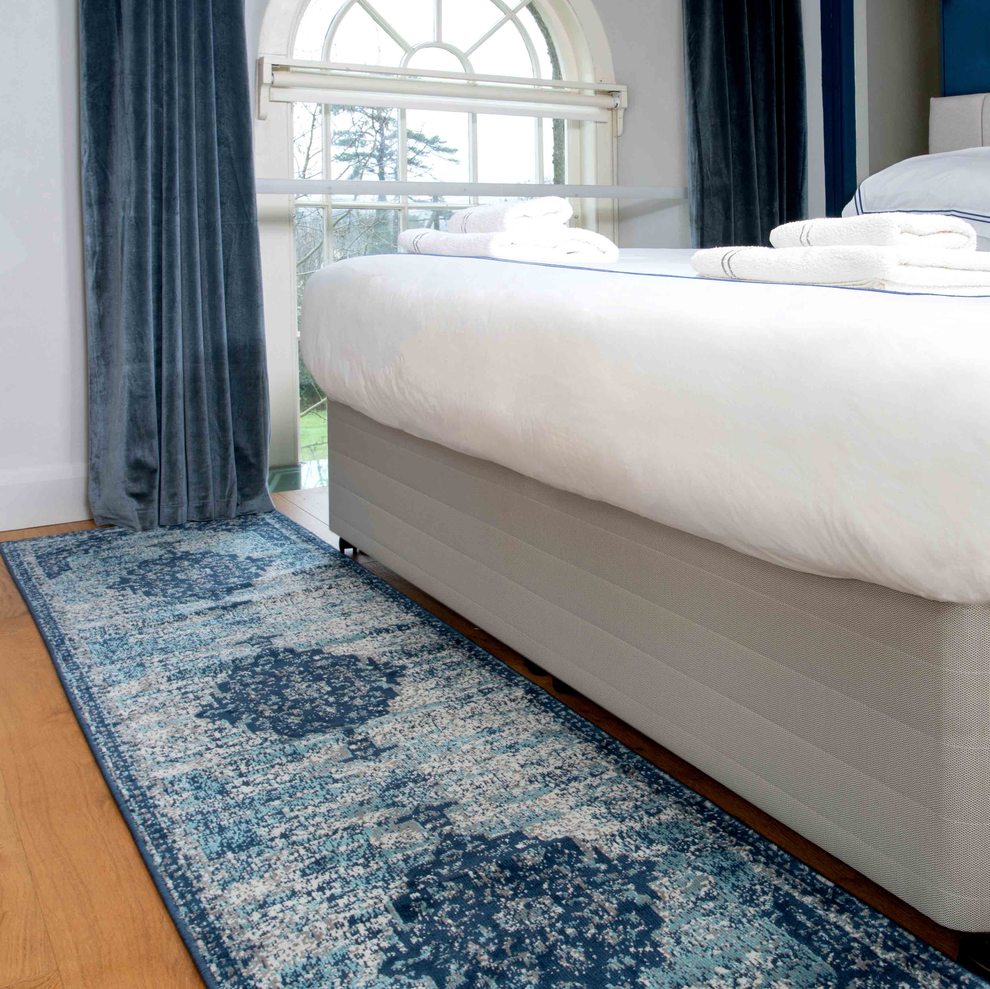 Faded Distressed Navy Blue Oriental Runner Rug