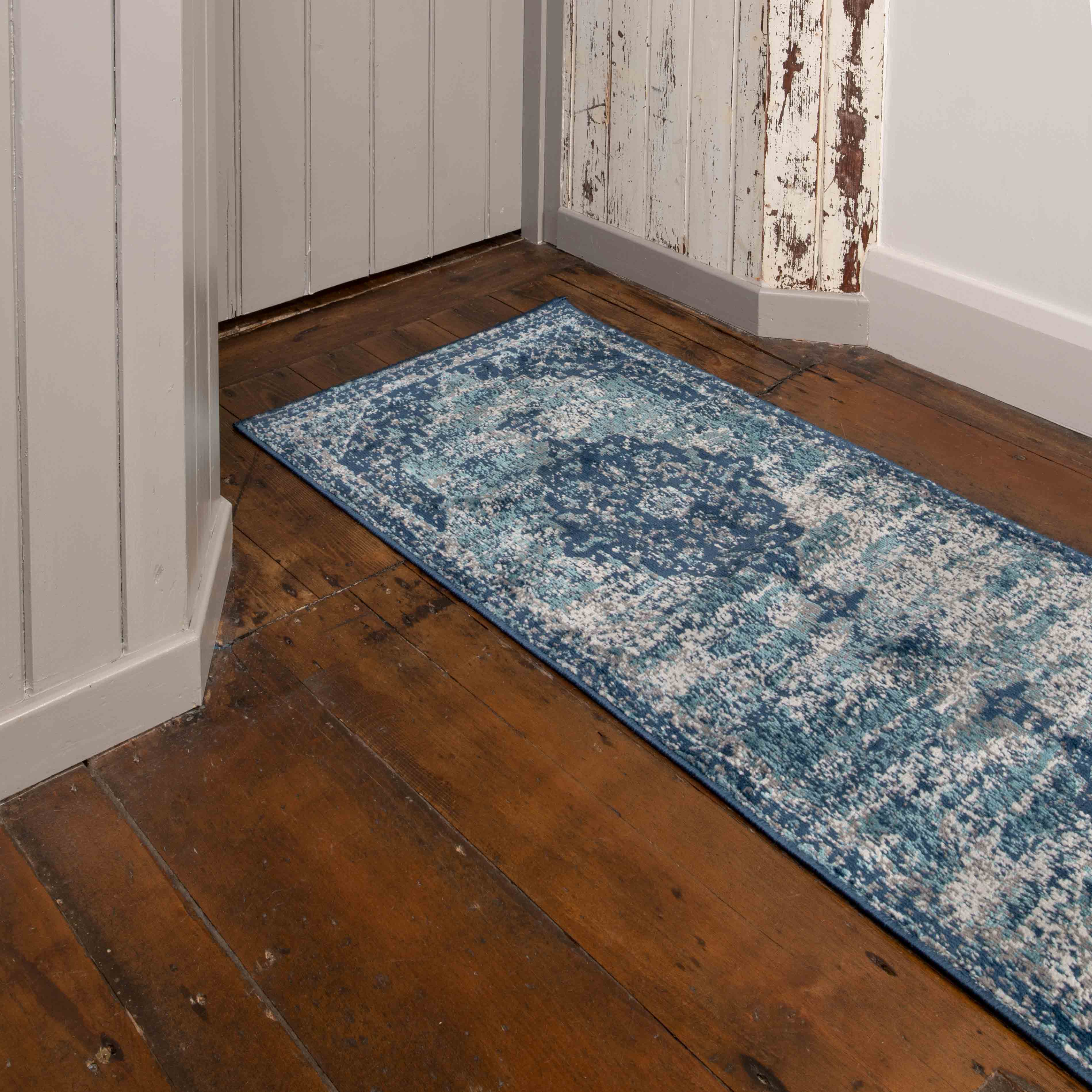 Faded Distressed Navy Blue Oriental Runner Rug