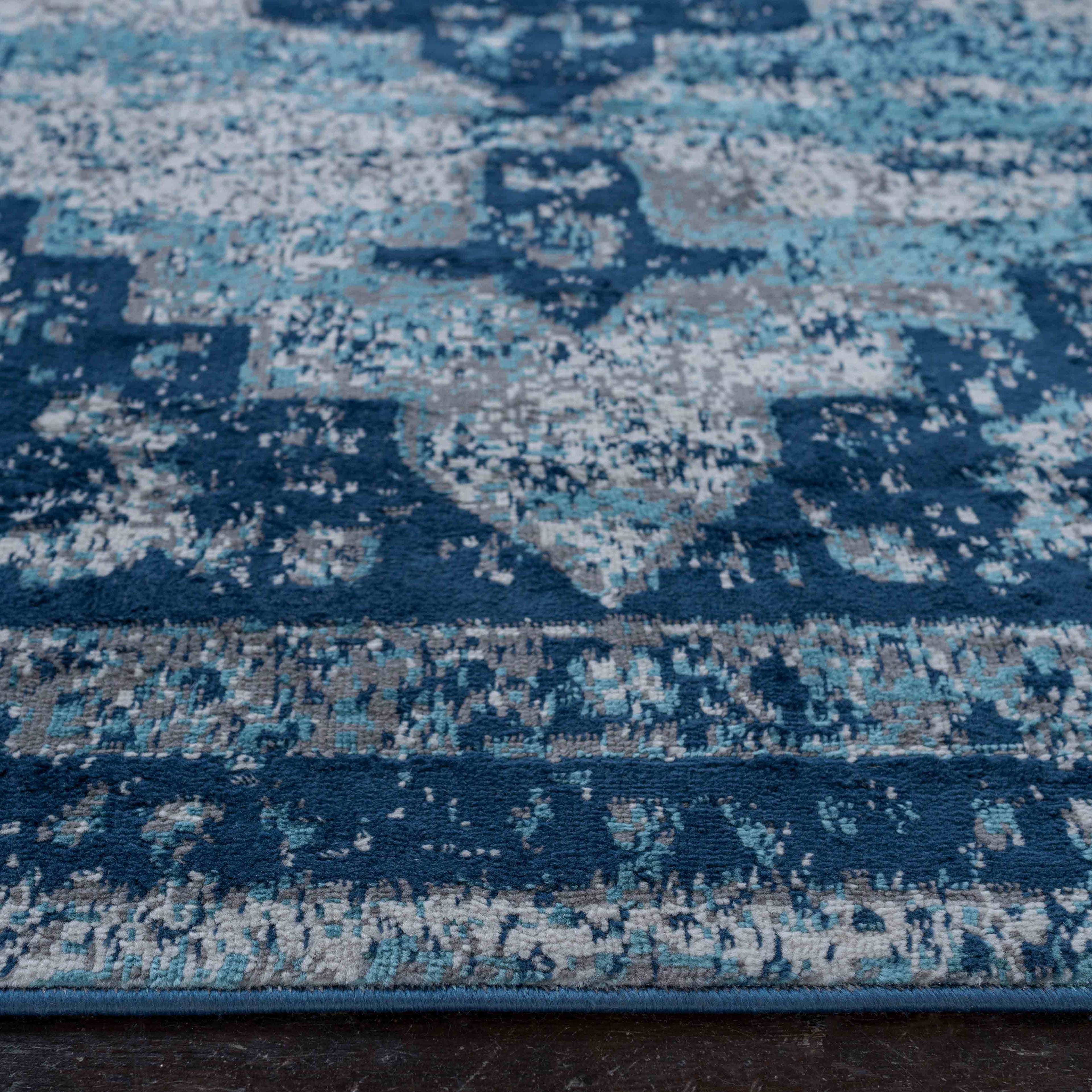 Faded Distressed Navy Blue Oriental Pattern Rug