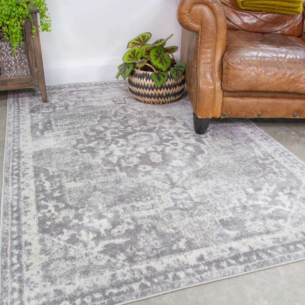 Faded Distressed Grey Oriental Pattern Runner Rug