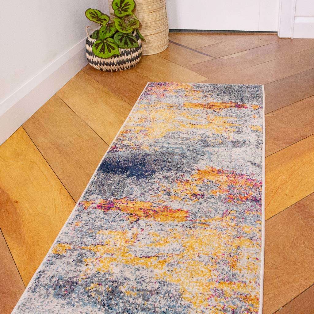 Gold Blue Distressed Living Room Runner Rug