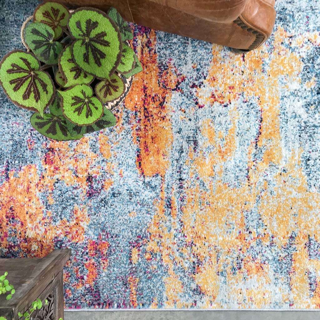 Gold Blue Distressed Living Room Runner Rug