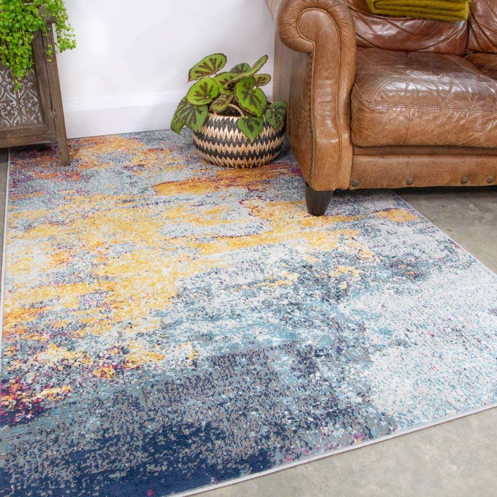 Gold Blue Distressed Living Room Runner Rug