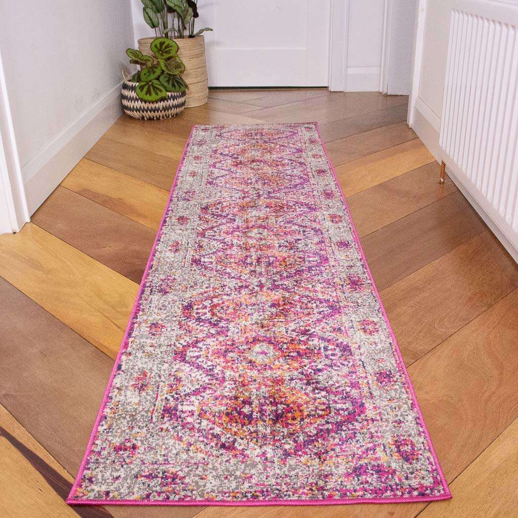 Fuschia Pink Oriental Distressed Runner Rug