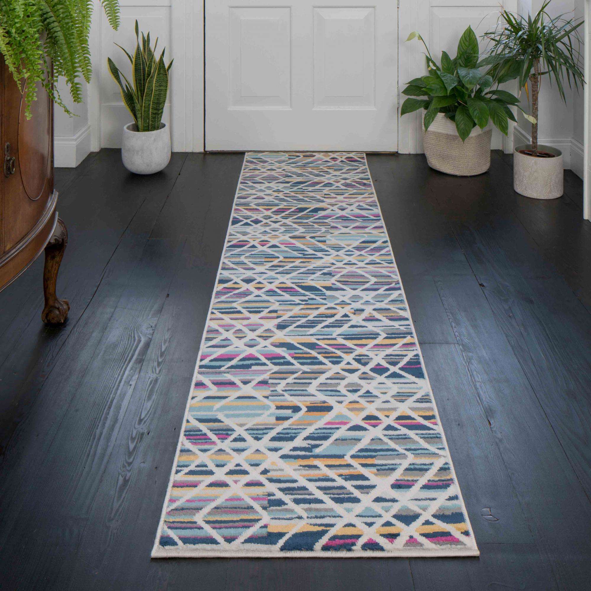 Colourful Geometric Strokes Pattern Runner Rug