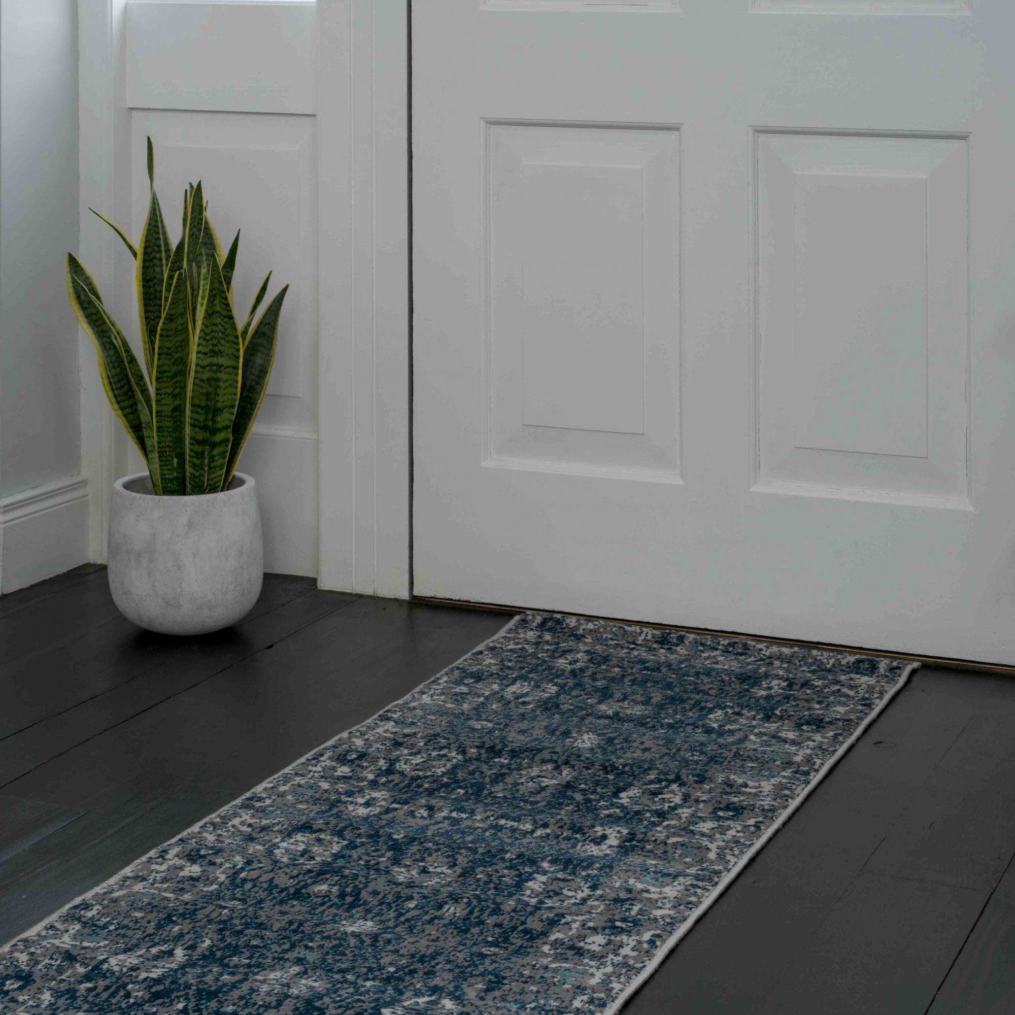 Faded Distressed Navy Oriental Pattern Runner Rug