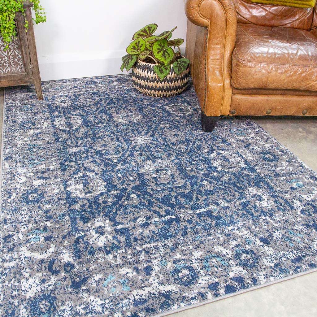 Faded Distressed Navy Oriental Pattern Runner Rug