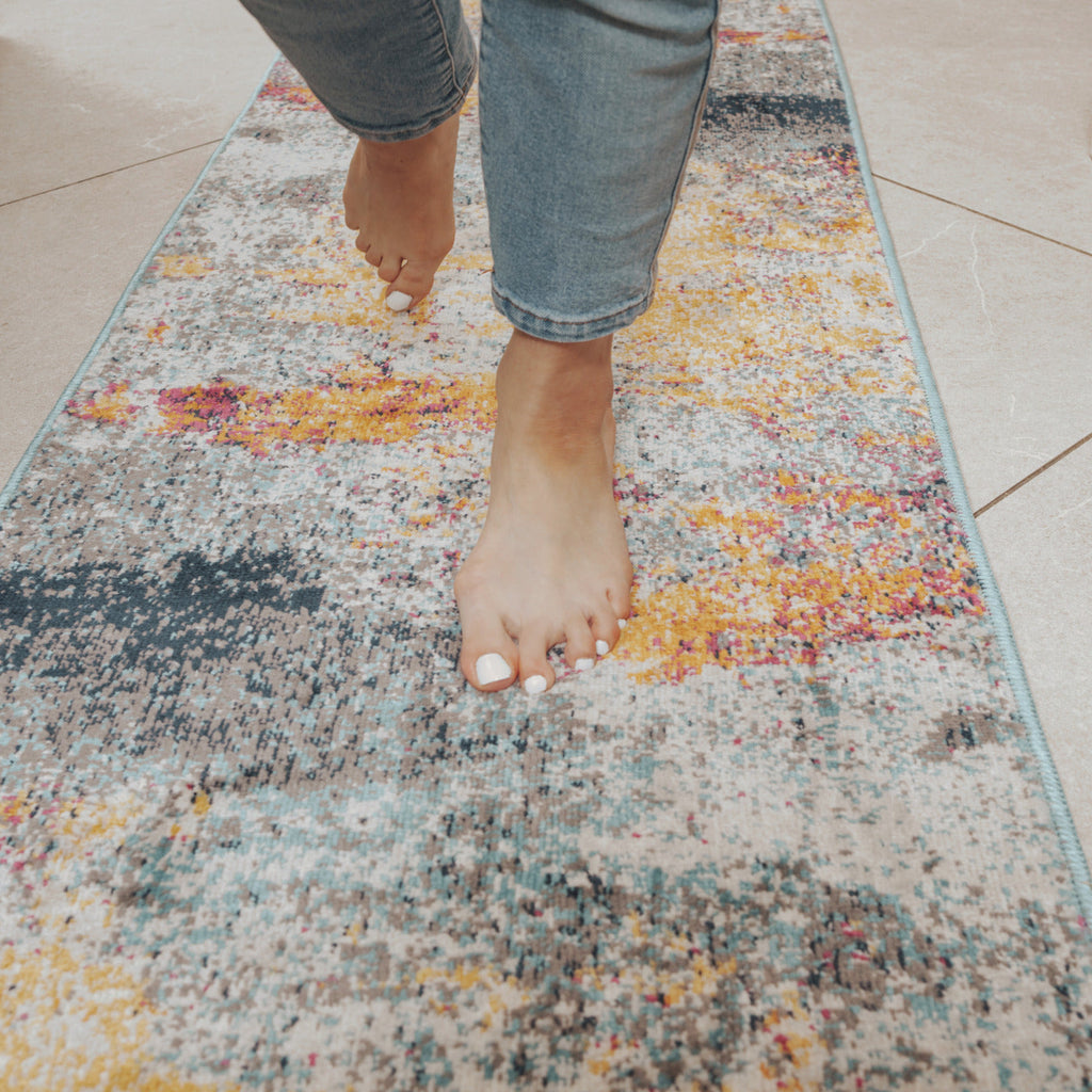 Gold Blue Distressed Living Room Runner Rug