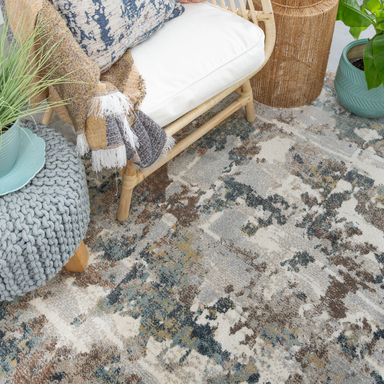 Soft Modern Blue Grey Painted Canvas Effect Rugs - Artist