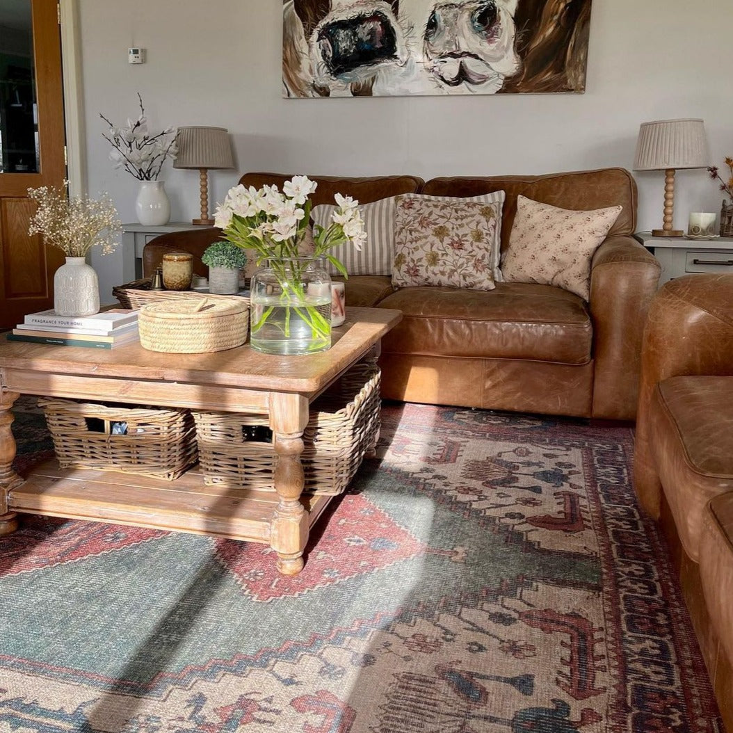 Flatwoven Washable Distressed Terracotta Green Boho Rug - Faro