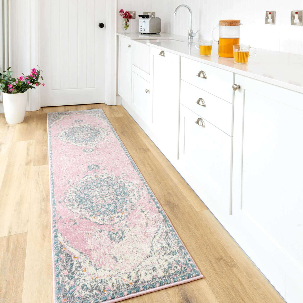 Distressed Pink Medallion Runner Rug