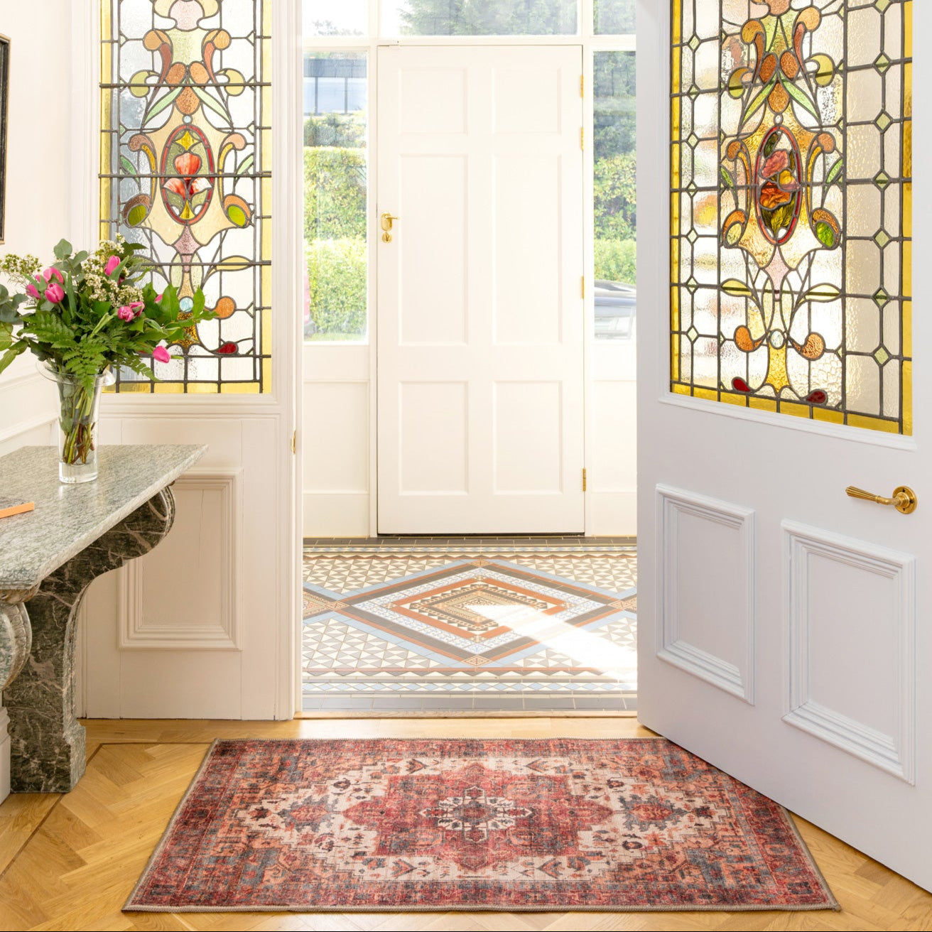 Soft Washable Red Antique Bathroom Mat - Eliza