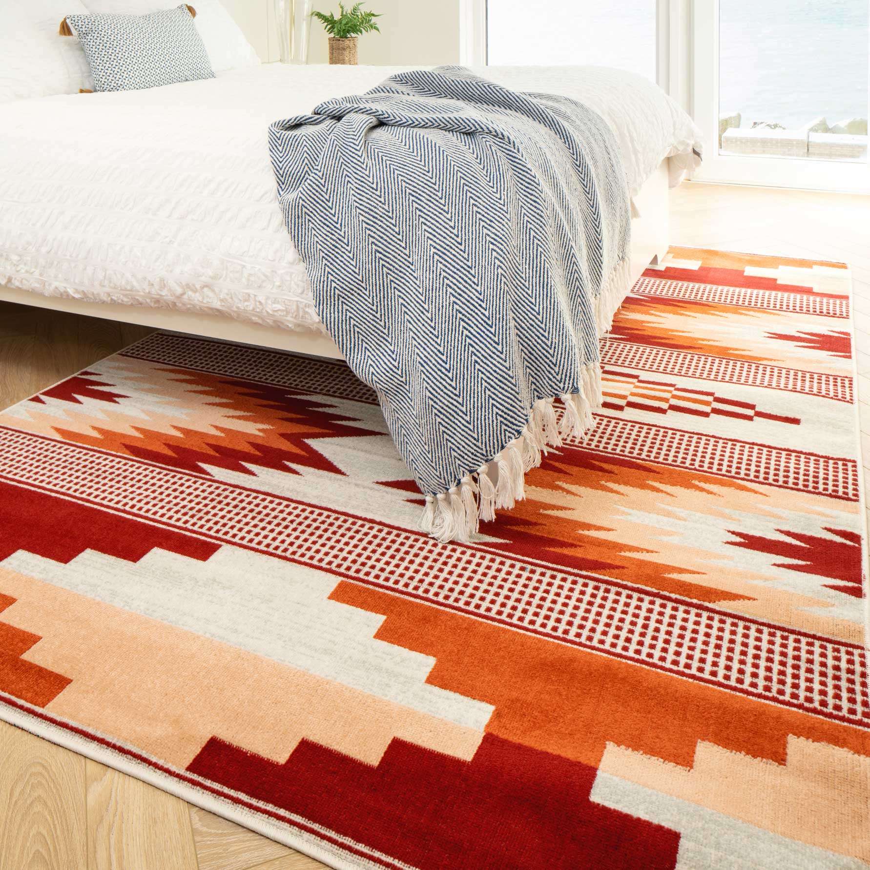 Terracotta Burnt Orange Living Room Rug - Aztec