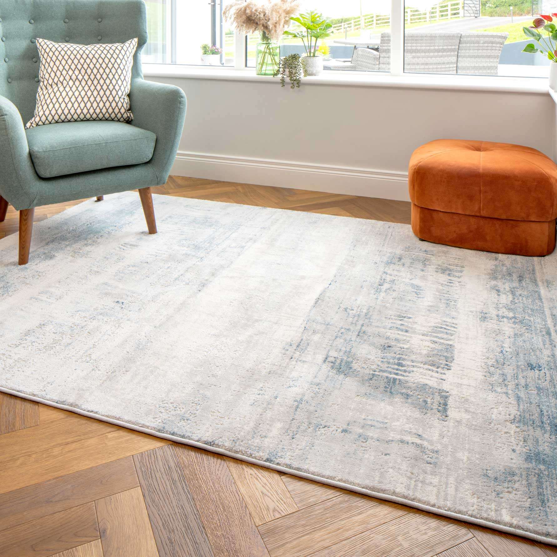 Soft Blue Distressed Abstract Living Room Area Rug - Bedtime