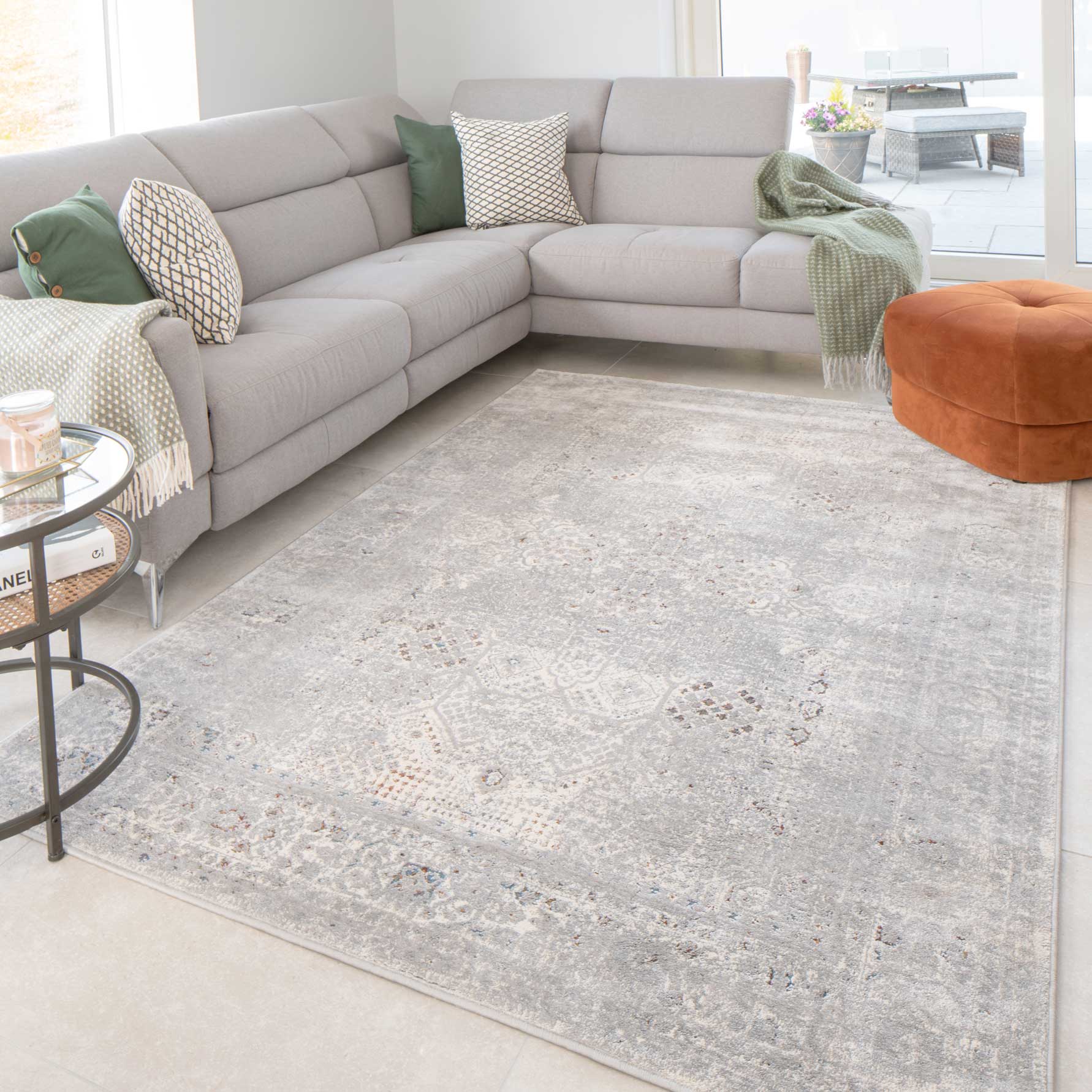 Vintage Grey Washed Effect Living Room Rug - Frank