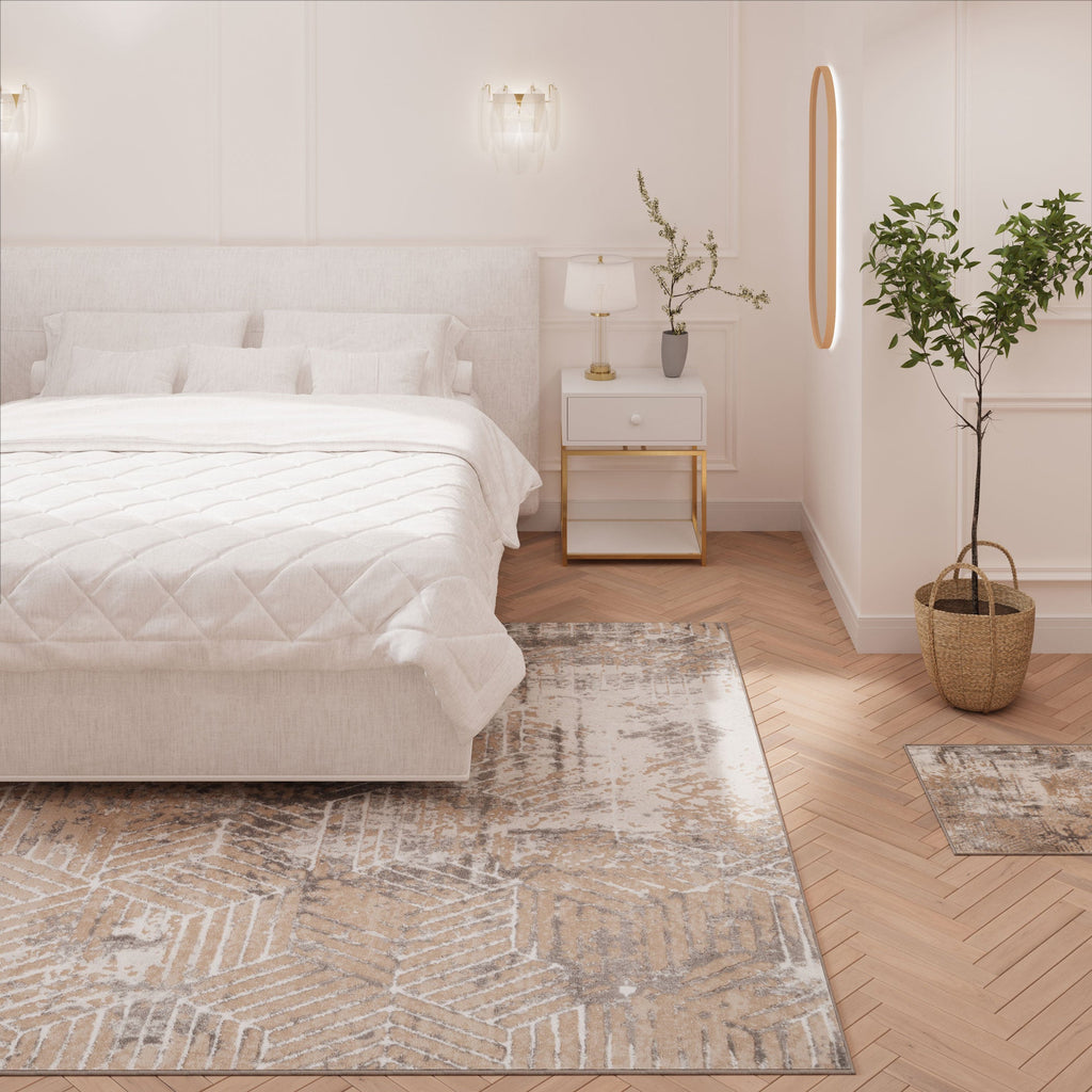 Distressed Beige Art Deco Area Rug - Busby