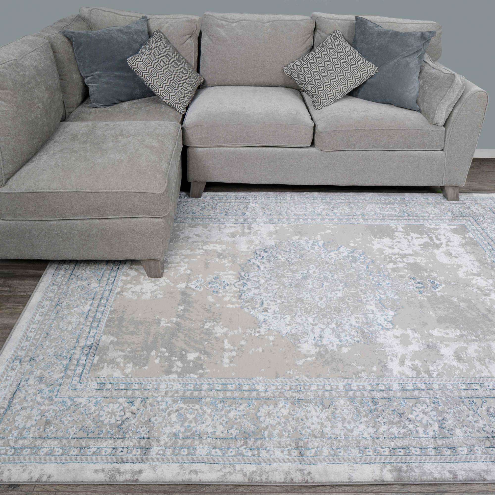 Blue Traditional Distressed Large Dining Table Rugs