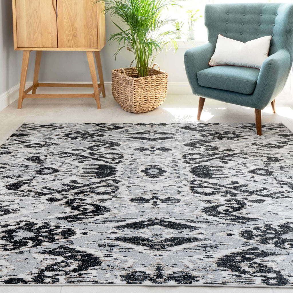 Soft Grey Ikat Living Room Rug