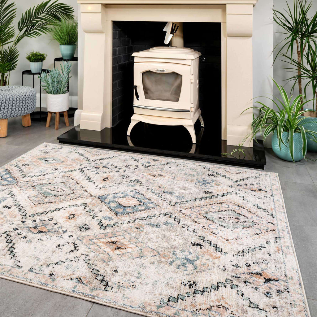 Soft Natural Blue Aztec Area Rug - Kemp