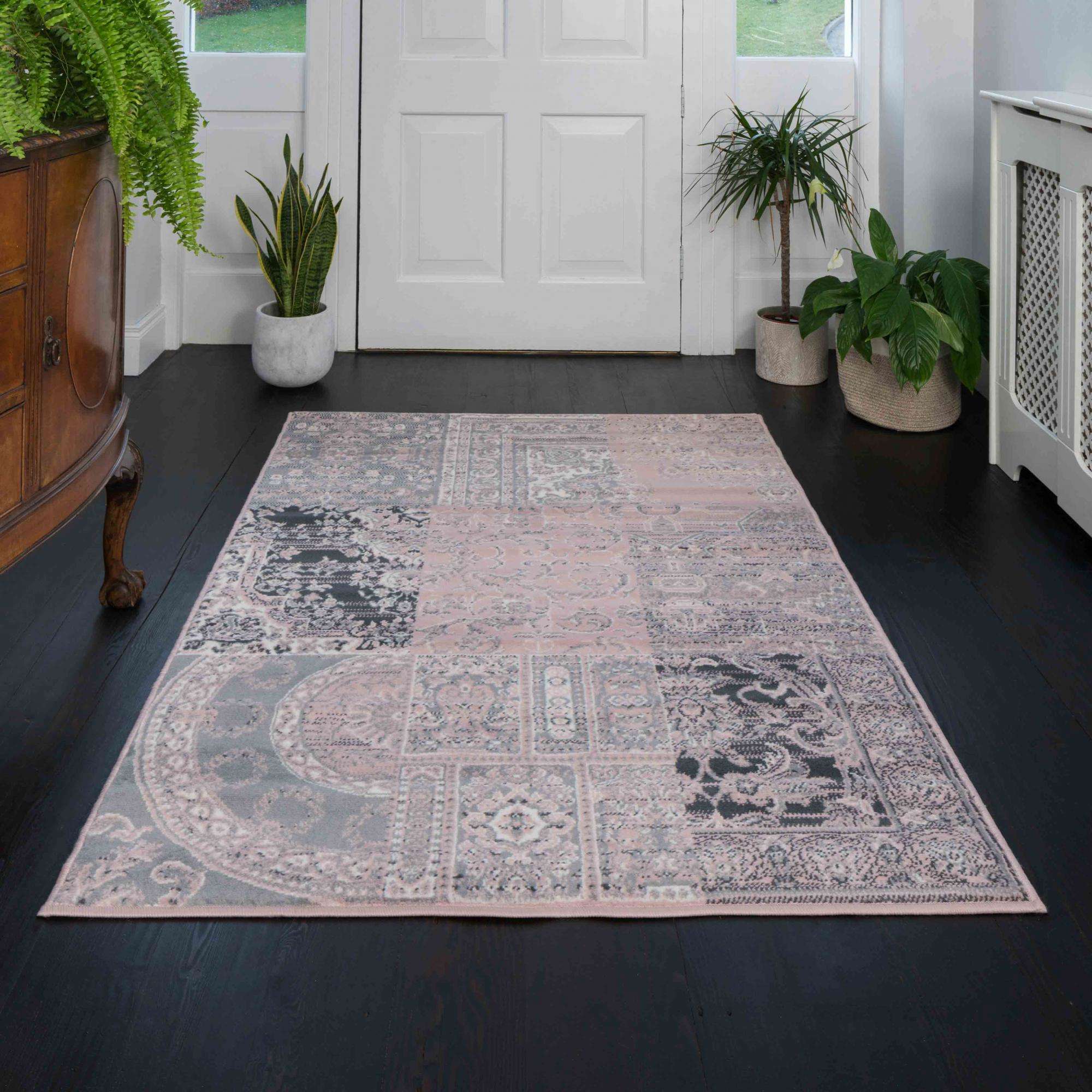 Pink Grey Traditional Patchwork Living Room Rug
