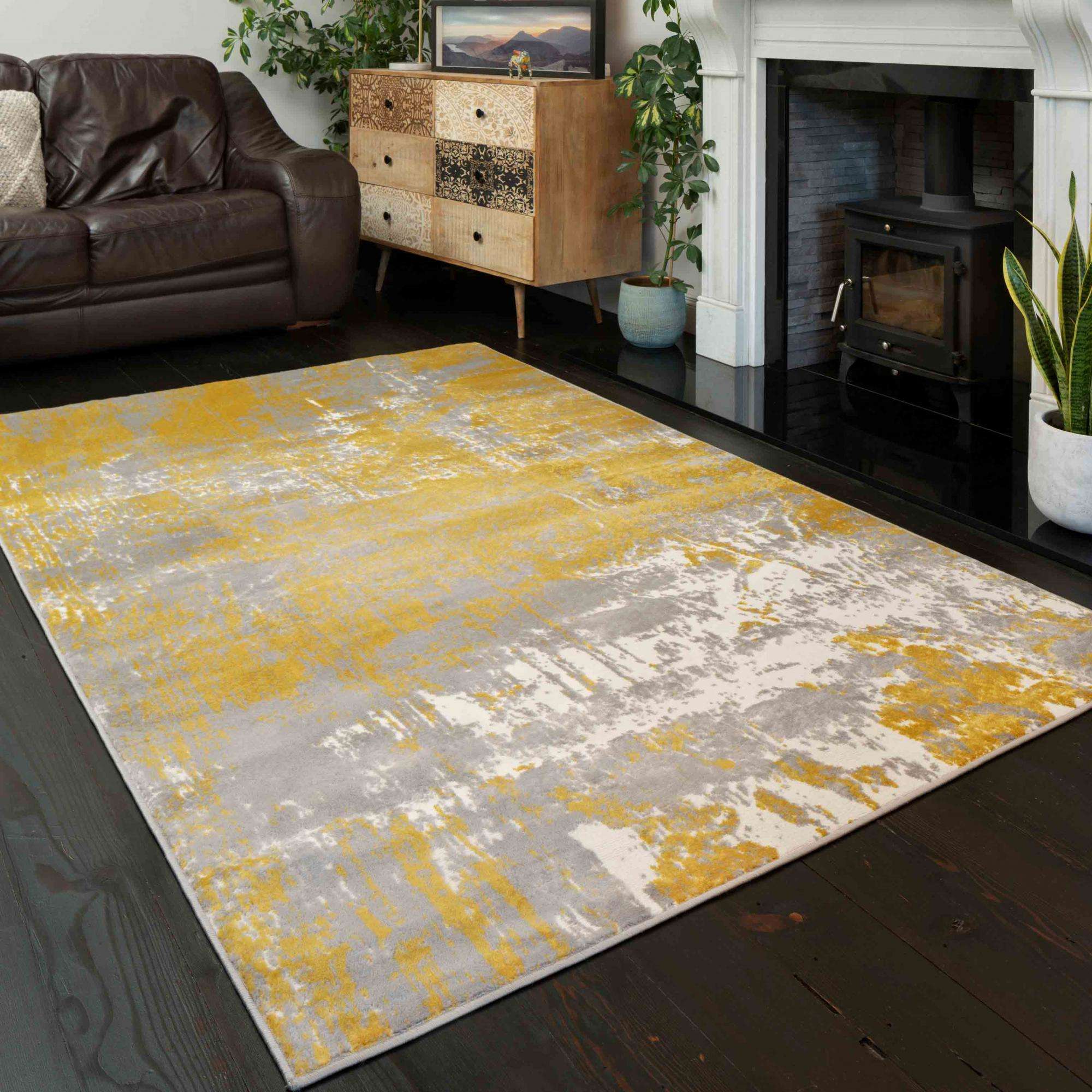 Modern Yellow Ochre Distressed Large Living Room Rugs
