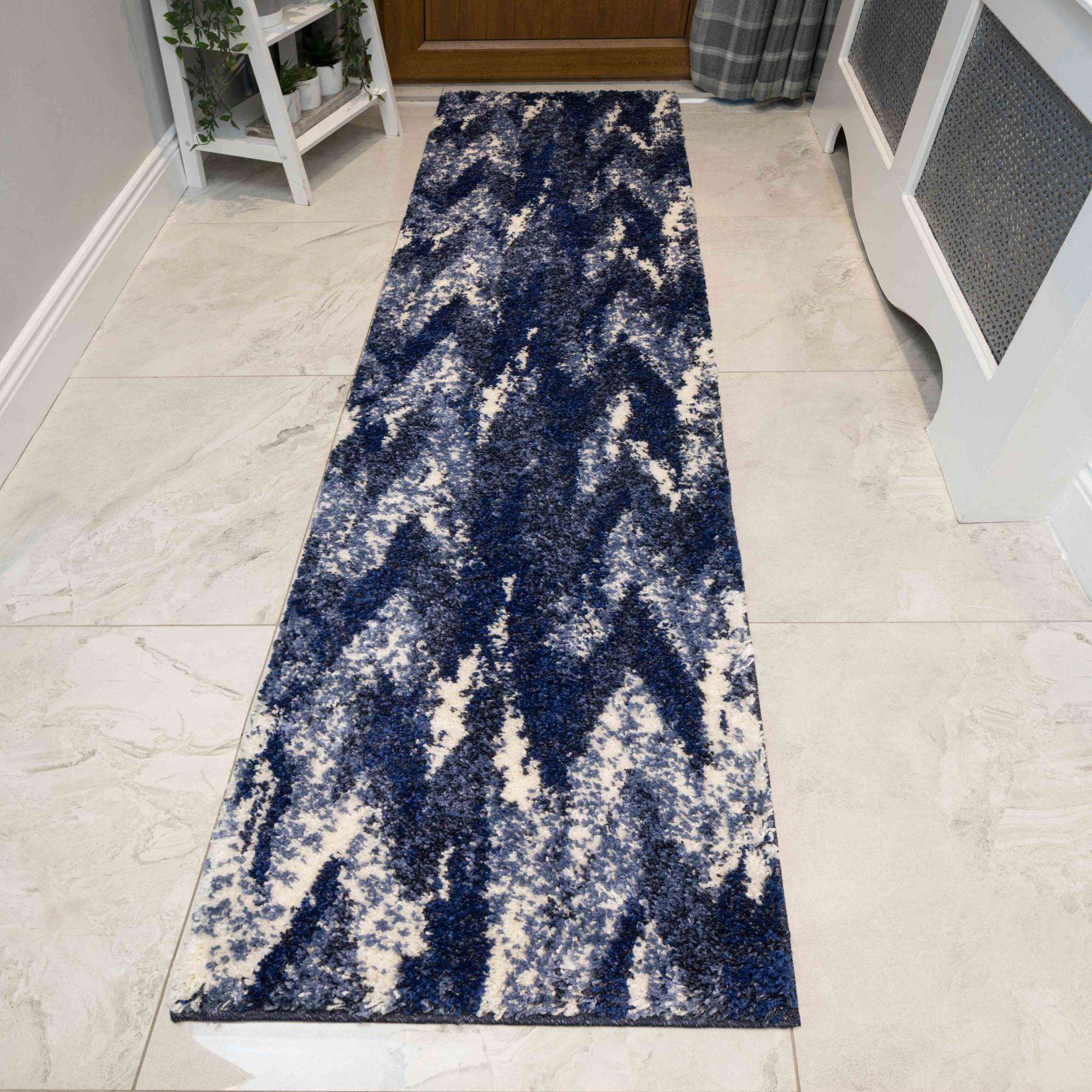 Blue Navy Chevron Mottled Shaggy Living Room Rug