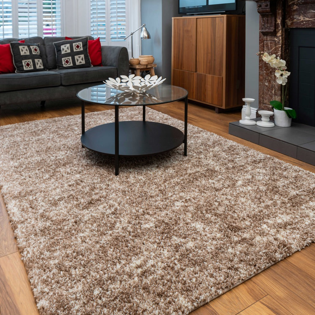 Beige Stripe Shaggy Rug Living Room