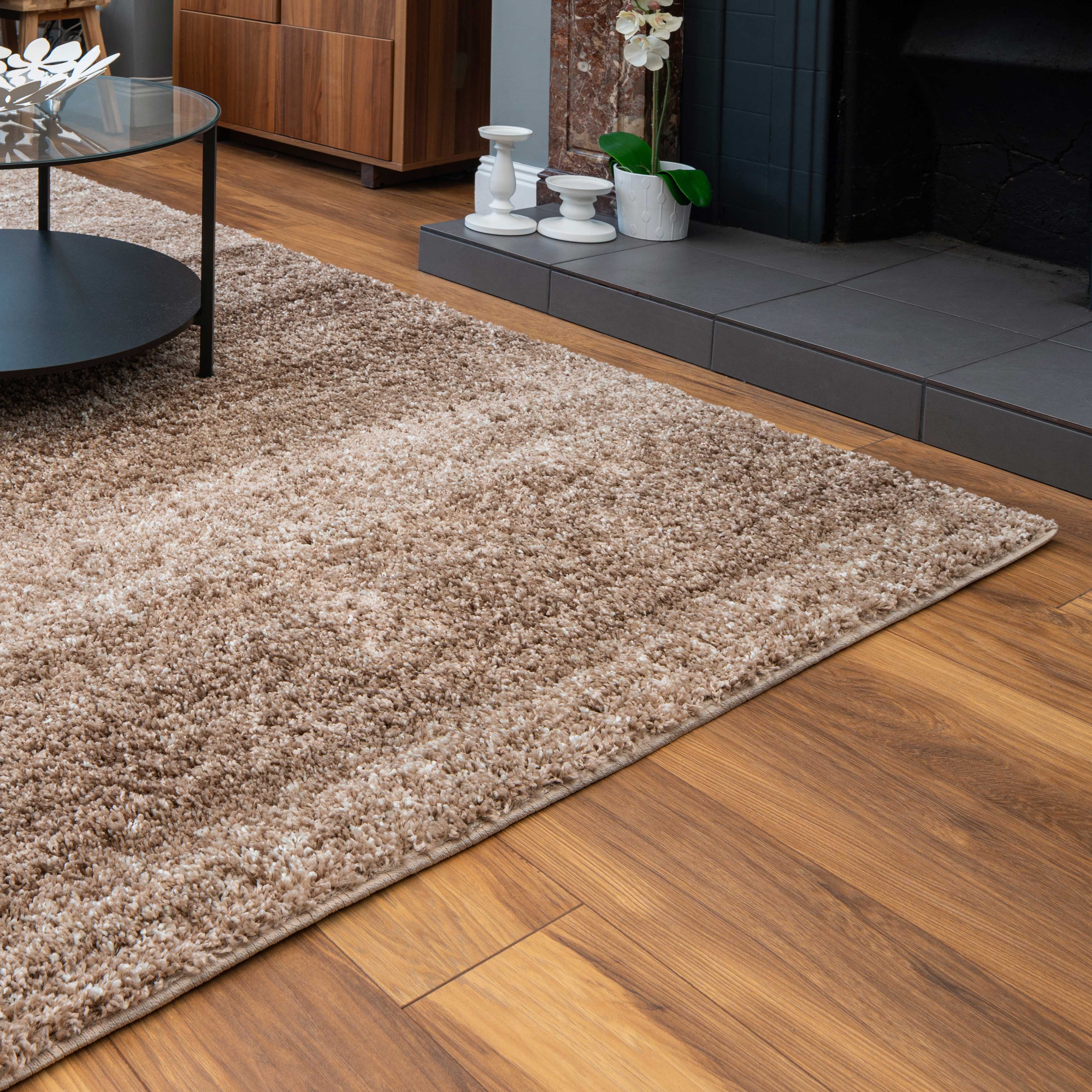 Beige Stripe Shaggy Rug Living Room