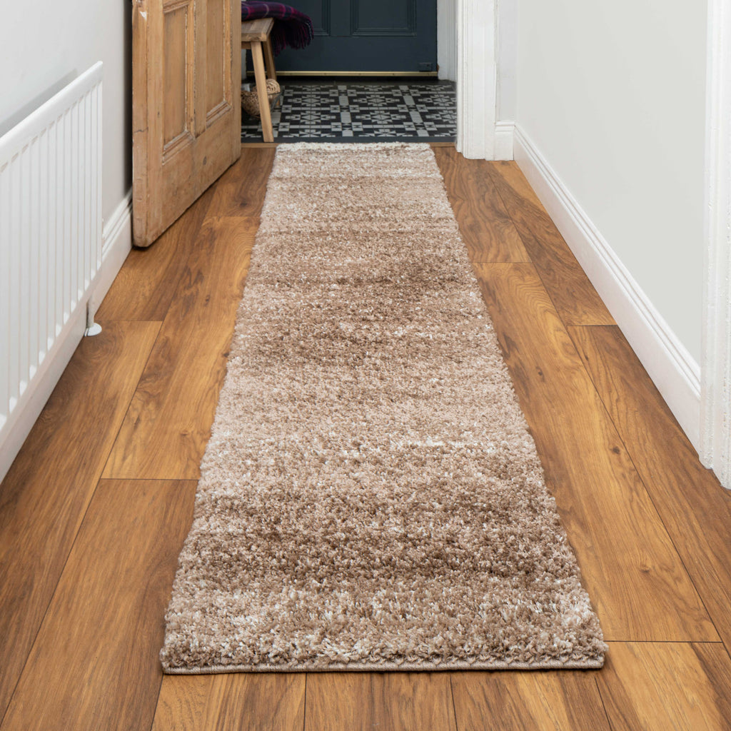 Beige Stripe Shaggy Rug Living Room