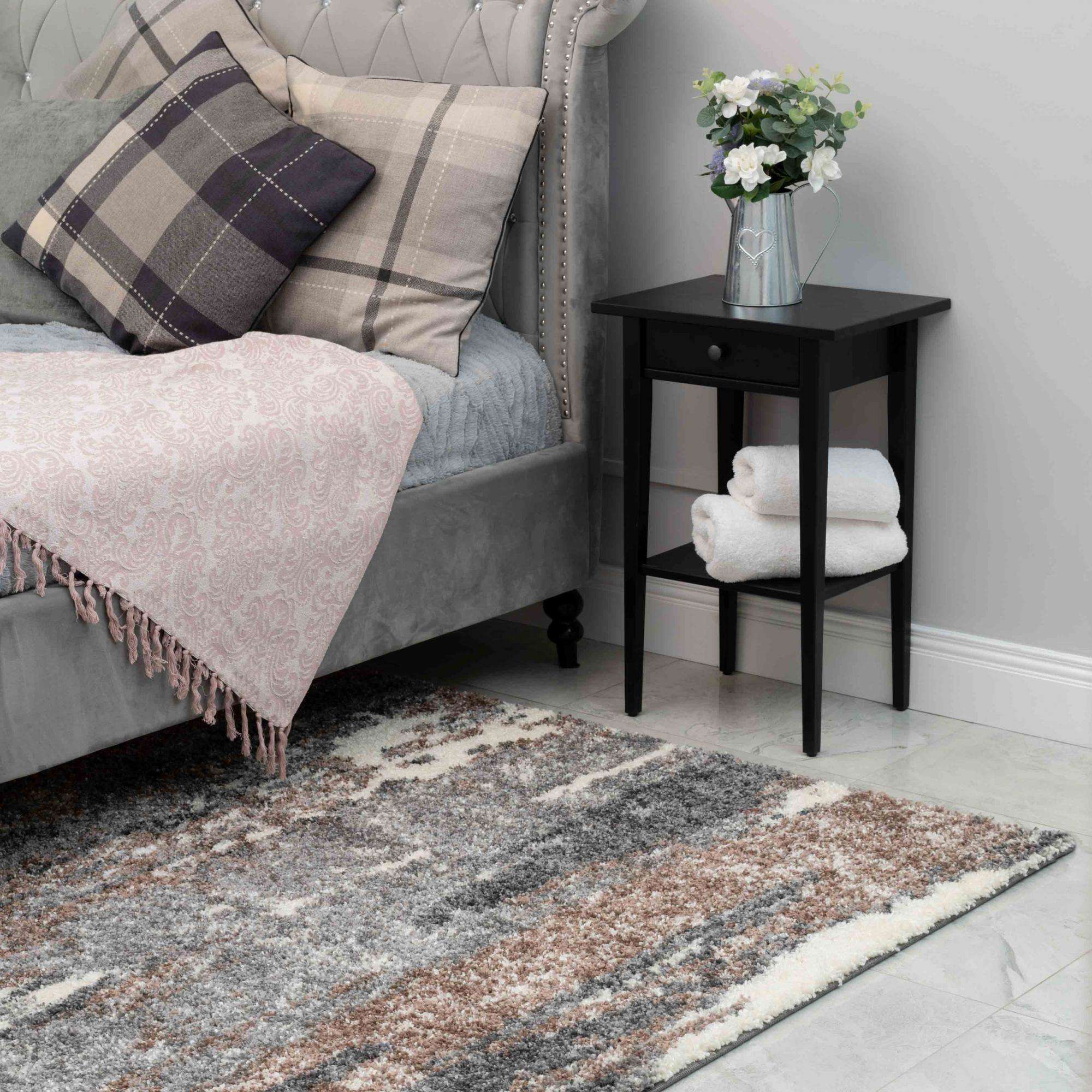 Brown Grey Distressed Mottled Shaggy Living Room Rug