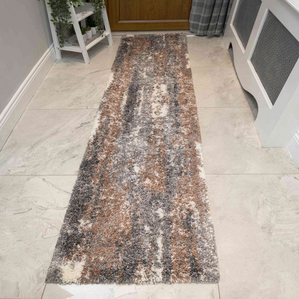 Brown Grey Distressed Mottled Shaggy Living Room Rug