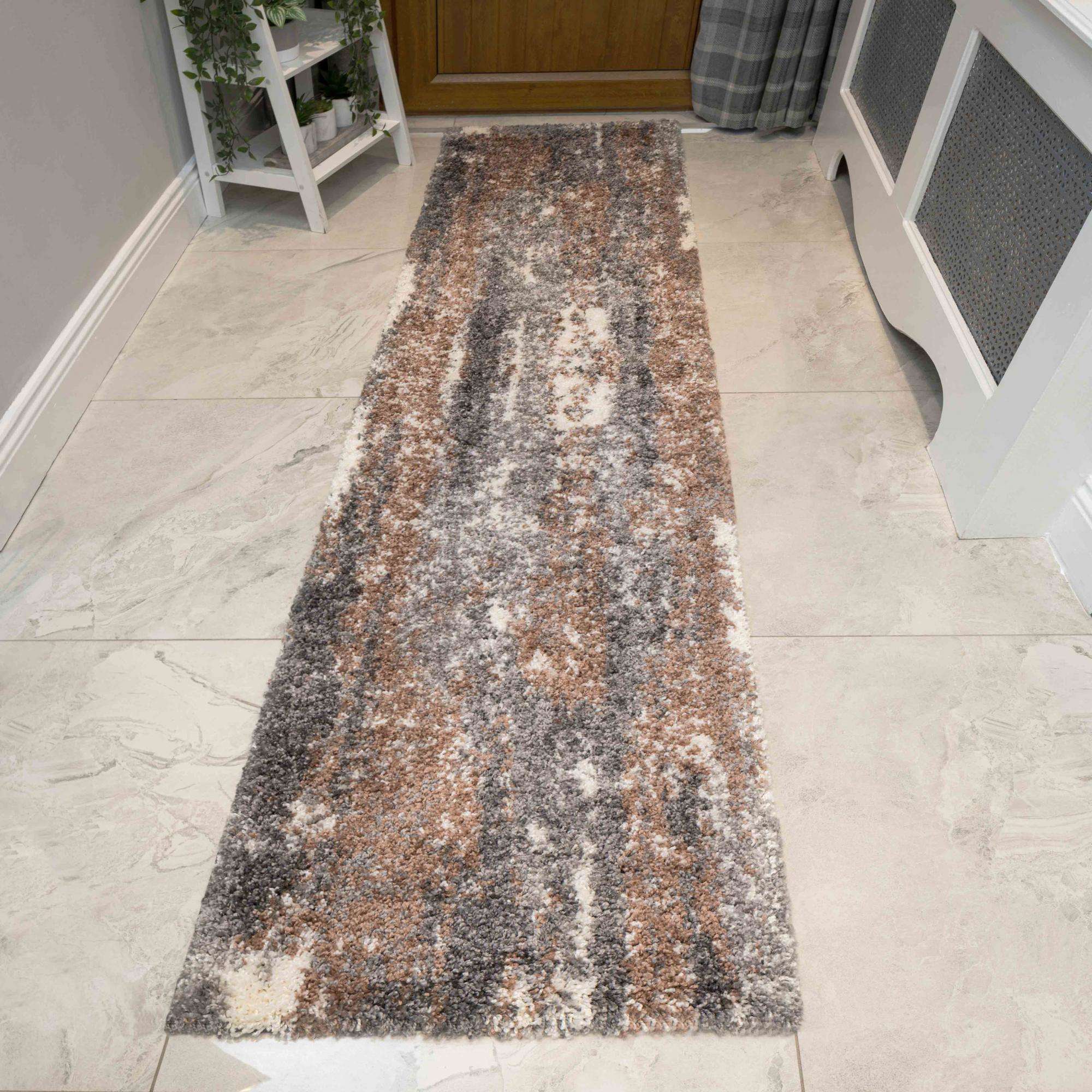 Brown Grey Distressed Mottled Shaggy Living Room Rug