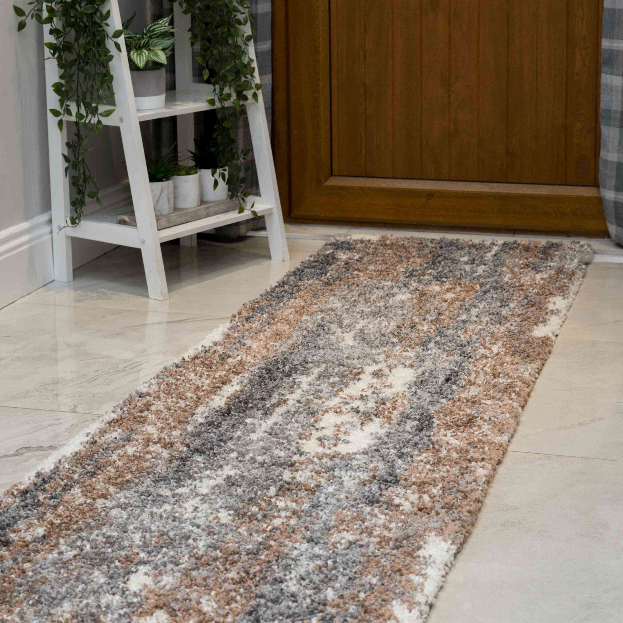 Brown Grey Distressed Mottled Shaggy Living Room Rug