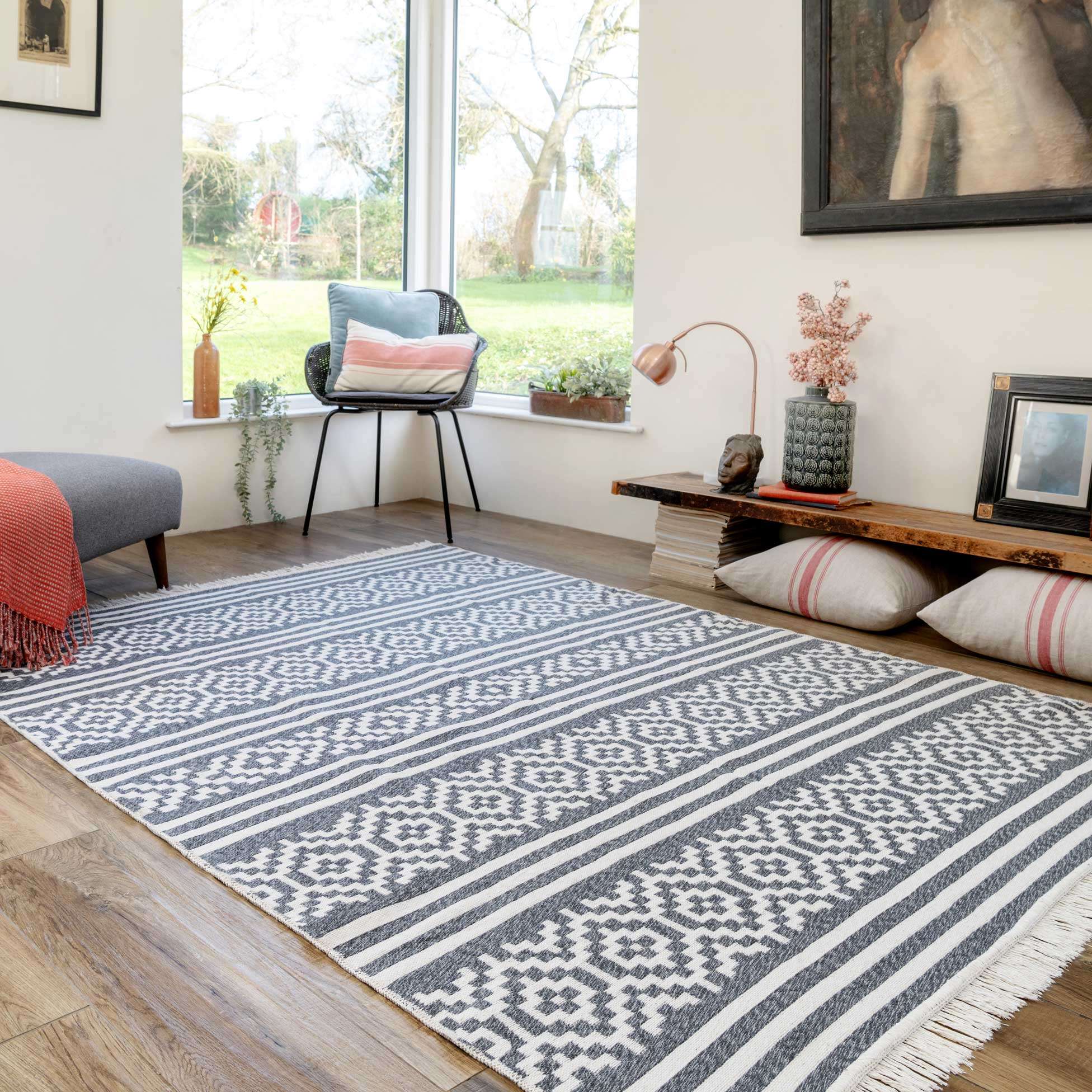 Reversible Recycled Cotton Grey Aztec Motif Rug - Sian