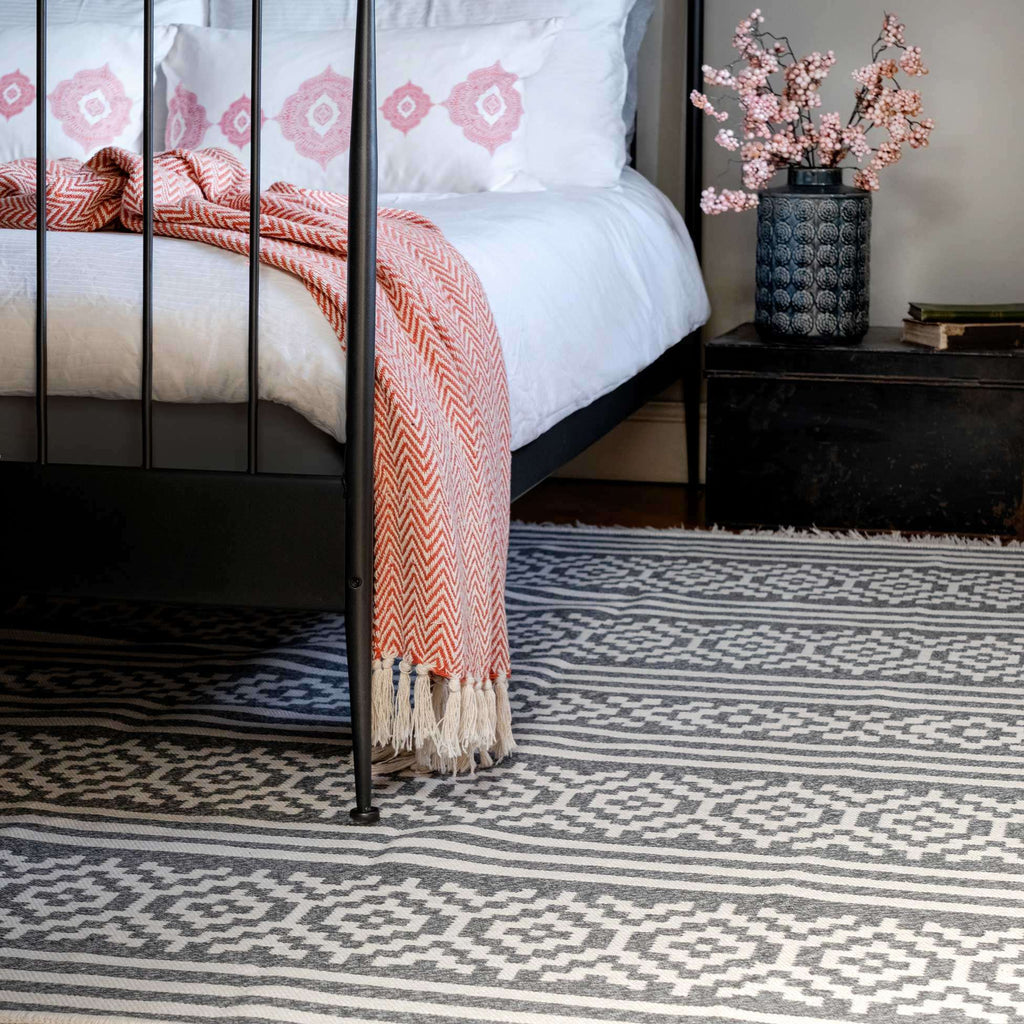 Reversible Recycled Cotton Grey Aztec Motif Rug - Sian