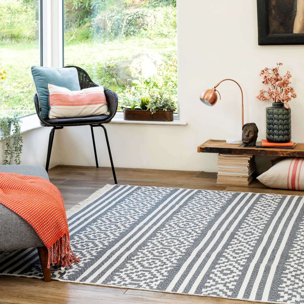 Reversible Recycled Cotton Grey Aztec Motif Rug - Sian