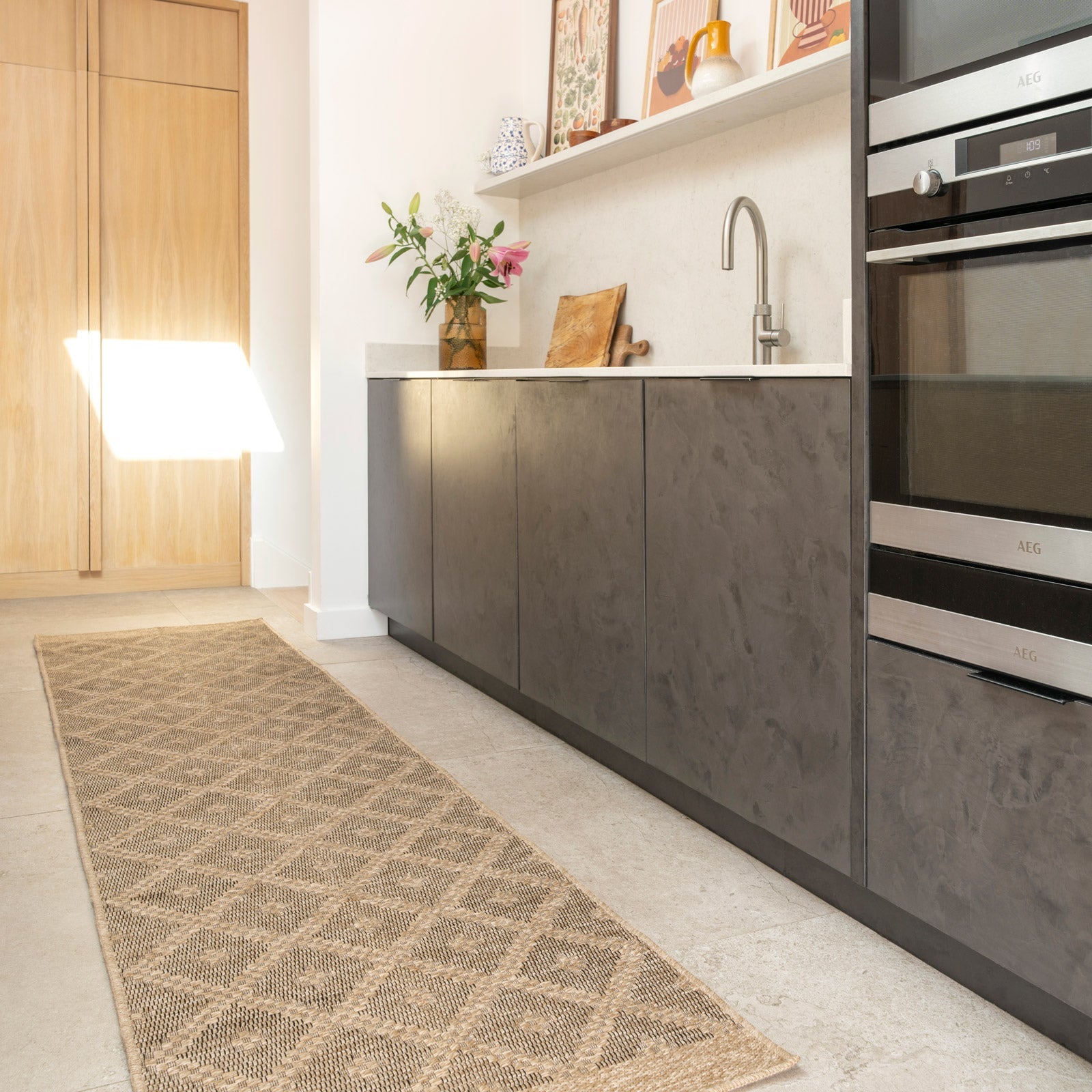 Washable Beige Diamond Jute Style Rug - Thea