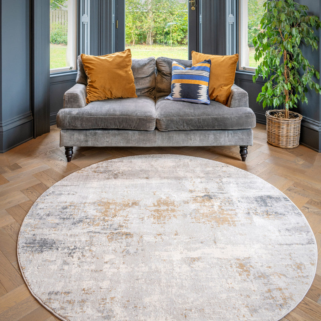 Soft Grey Gold Abstract Circle Rug - Moonshine