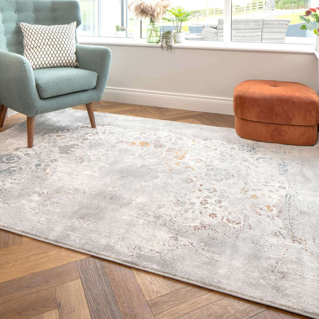 Ornate Soft Grey Distressed Medallion Living Room Rug - Meredith