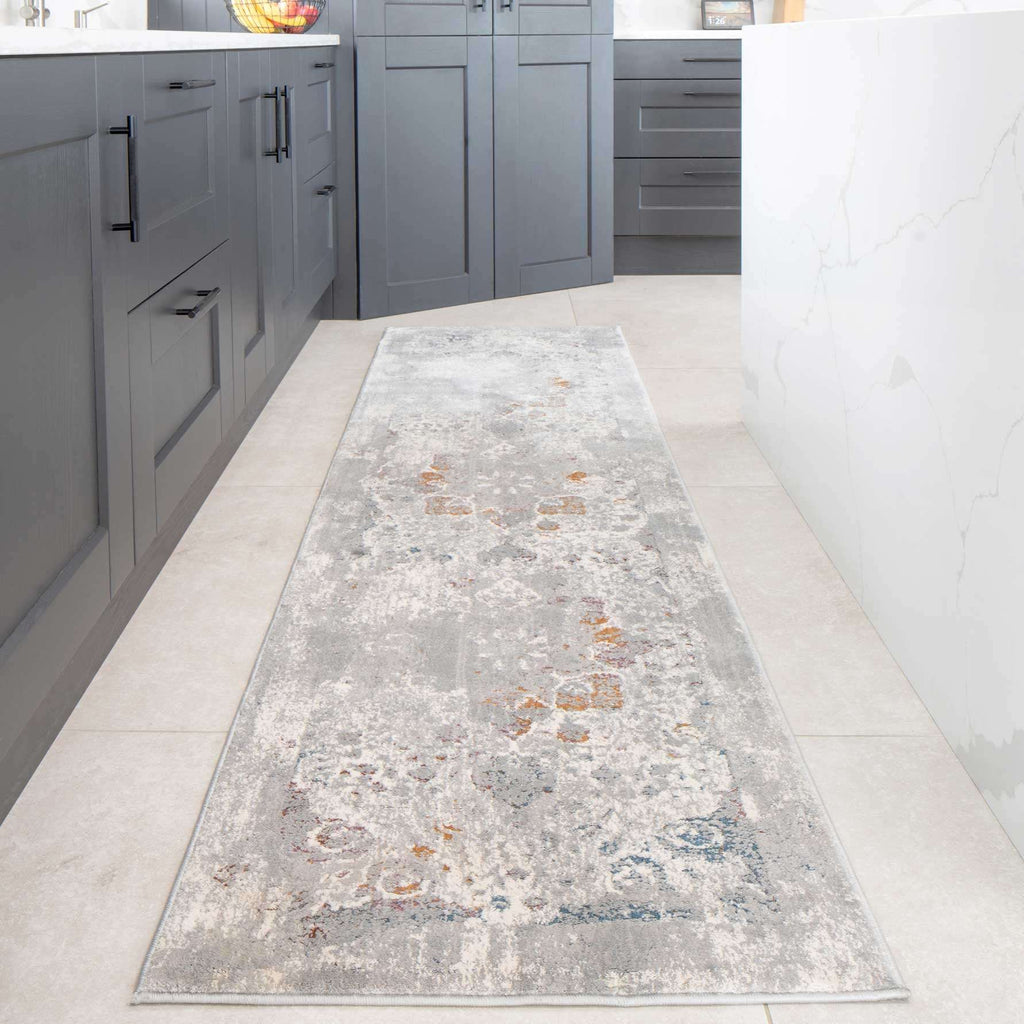 Ornate Soft Grey Distressed Medallion Living Room Rug - Meredith