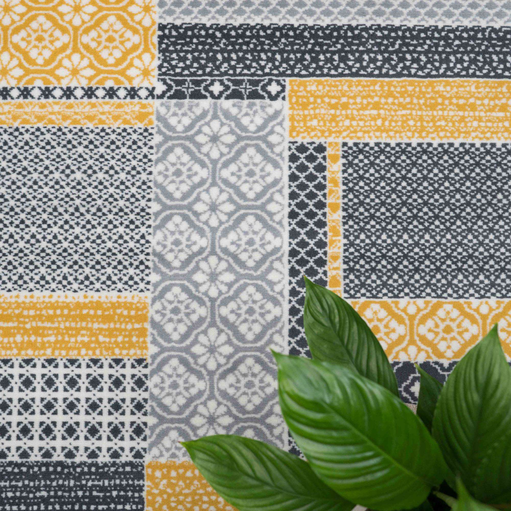 Yellow Grey Patchwork Hallway Runner Rug