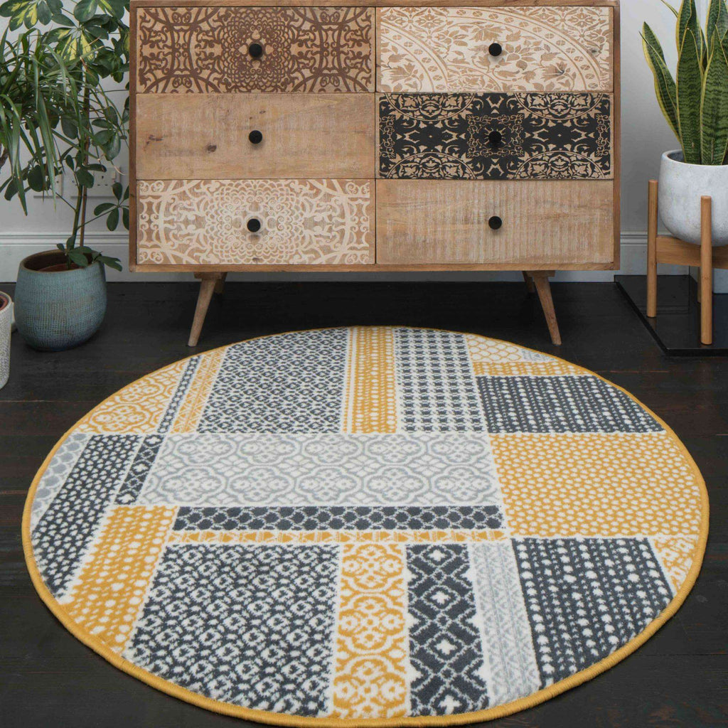 Yellow Grey Patchwork Hallway Runner Rug