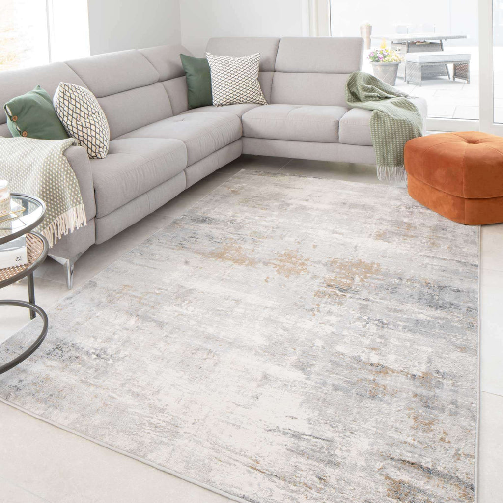 Modern Soft Grey Gold Distressed Abstract Living Room Rug - Moonshine