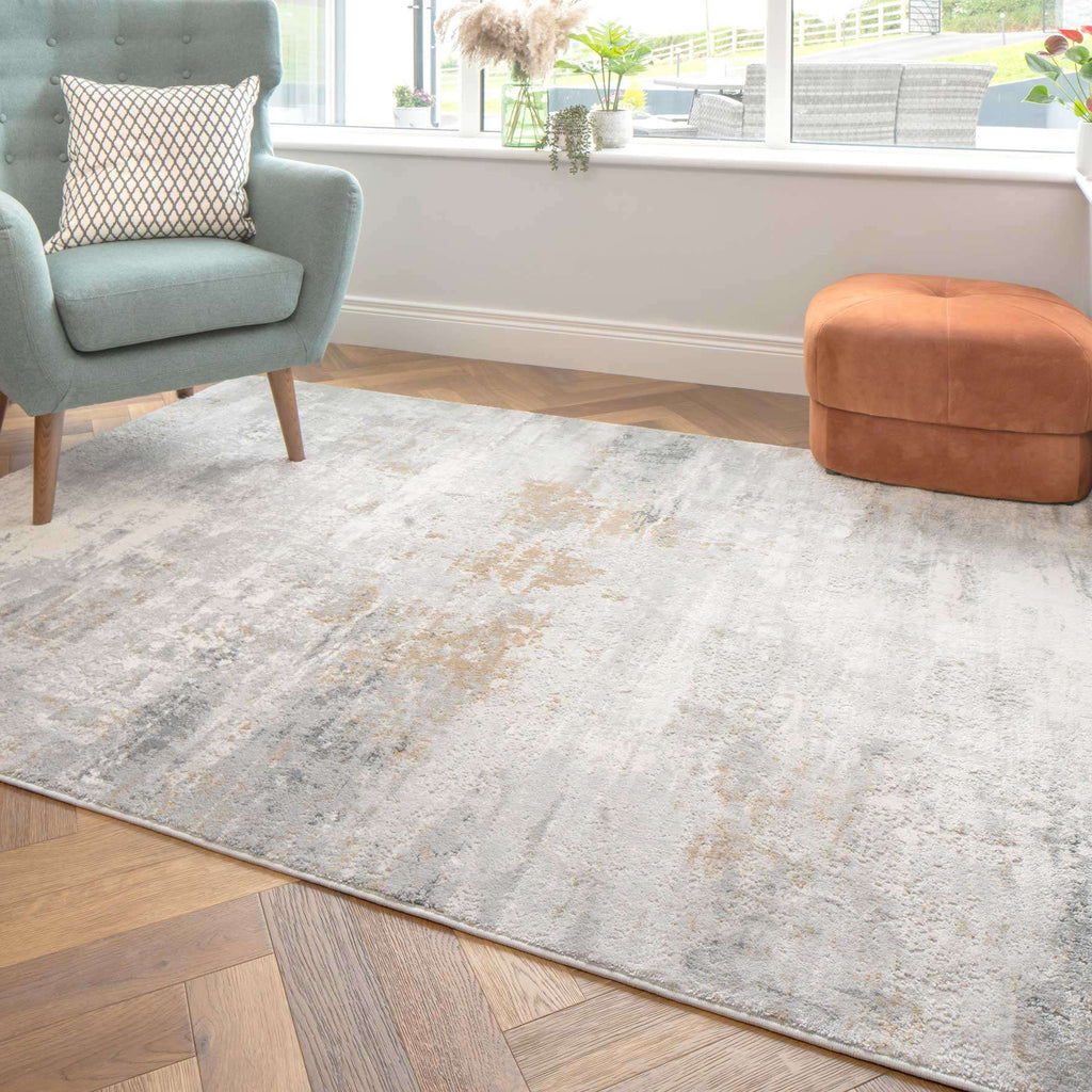 Modern Soft Grey Gold Distressed Abstract Living Room Rug - Moonshine