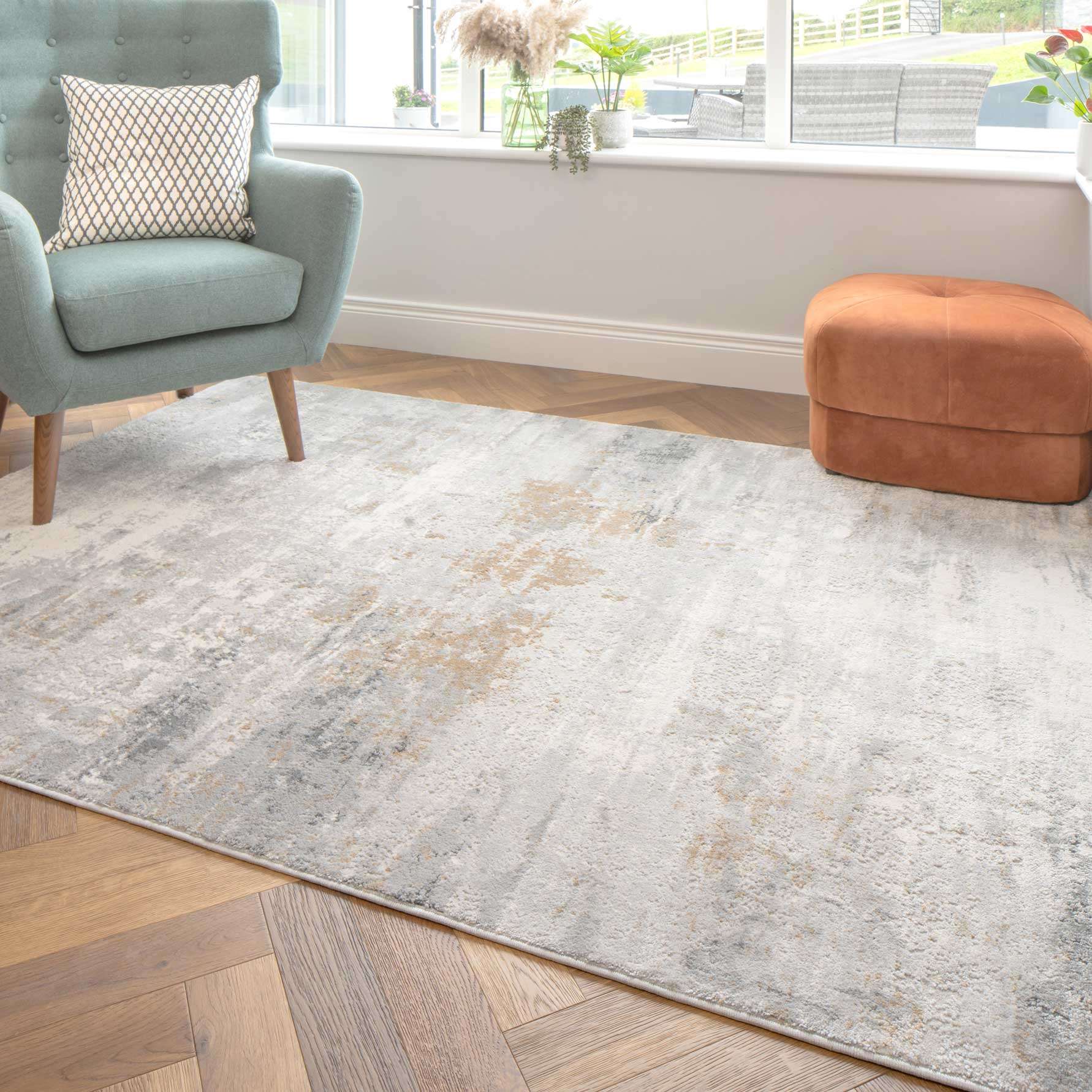 Modern Soft Grey Gold Distressed Abstract Living Room Rug - Moonshine