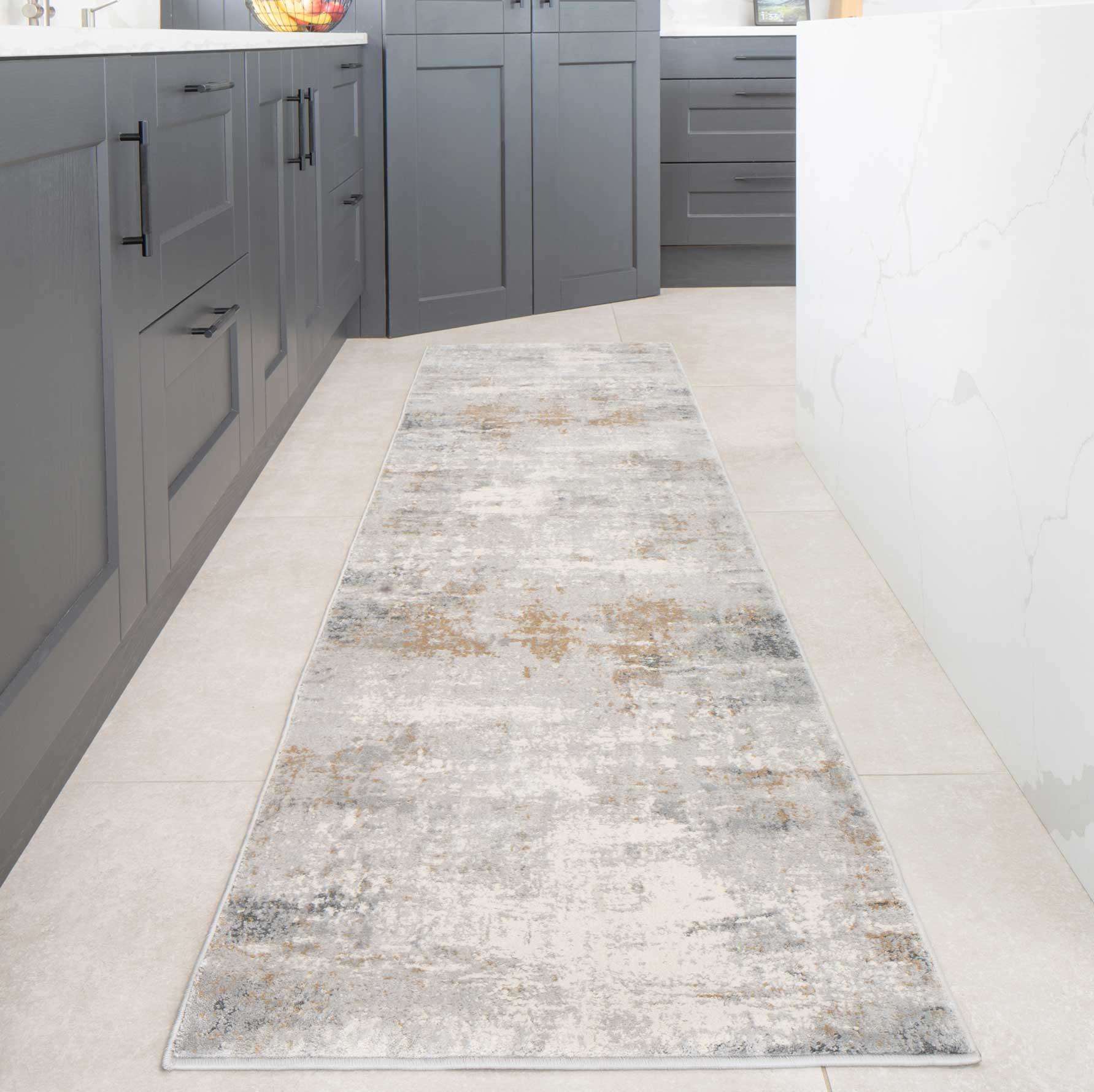 Modern Soft Grey Gold Distressed Abstract Living Room Rug - Moonshine