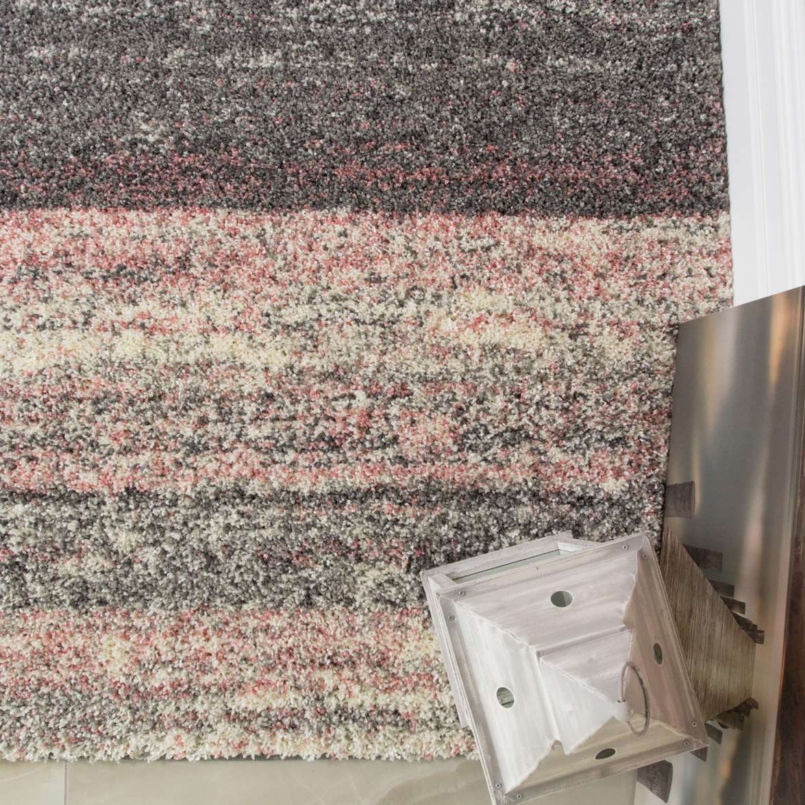 Blush Pink Stripe Shaggy Rug
